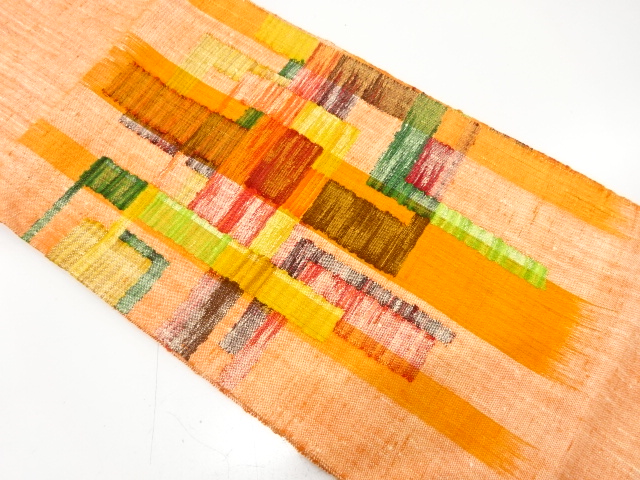 手織り真綿紬　幾何学模様織り出し　名古屋帯